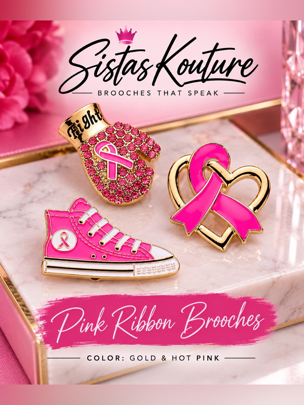 Pink Ribbon Kids Brooch Set – Gold & Hot Pink